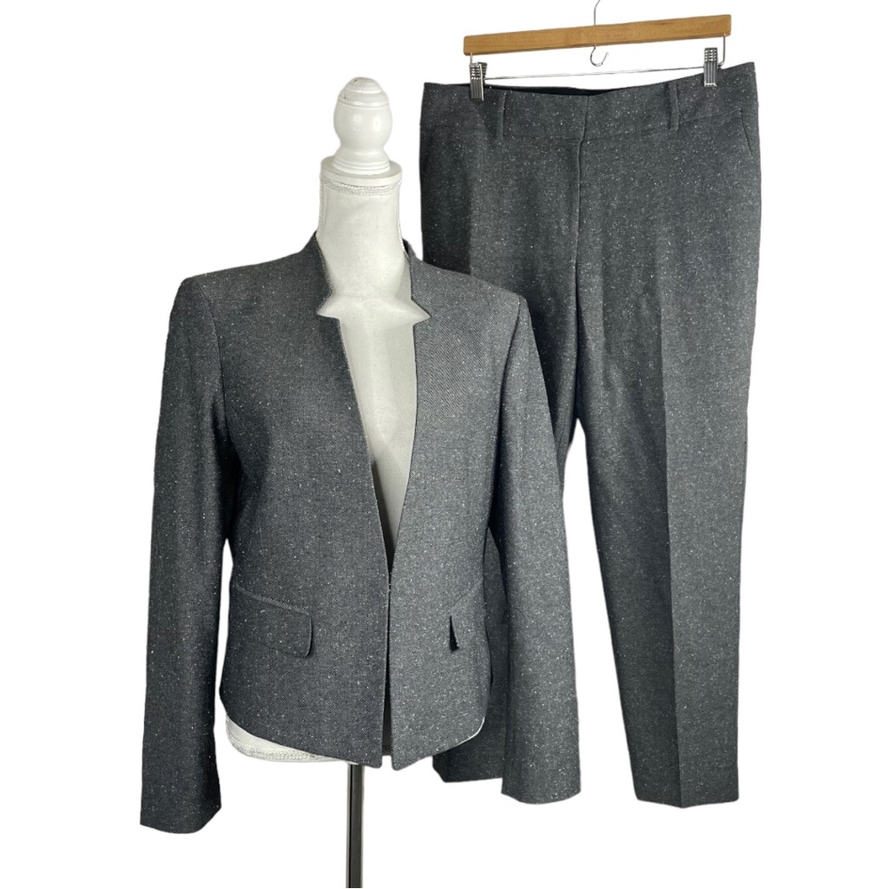 Ann Taylor Two Piece Pants Suit Set Notched Blazer Straight Leg Pant Grey Weave